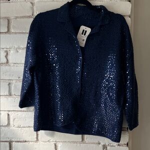 Sequin Navy Blue Women's Top blazer collared sweater shirt